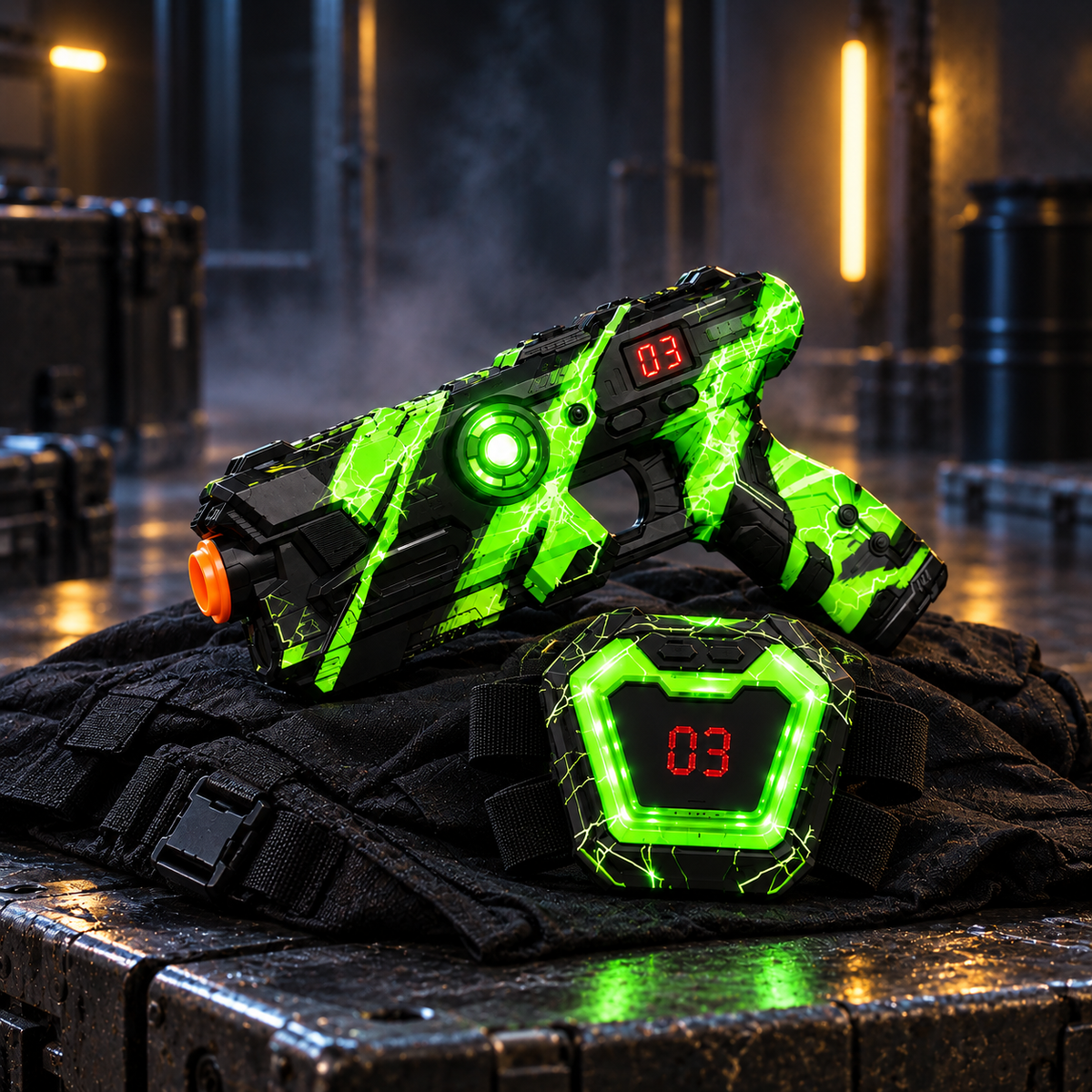 Neon Infrared Laser Tag Set with LED Vests · Lightning Camo Edition · 2–12 Players